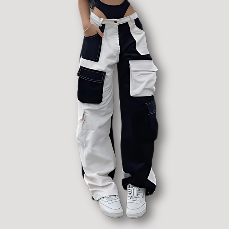 Color Blocked Straight Leg Baggy Cargo Pants Women