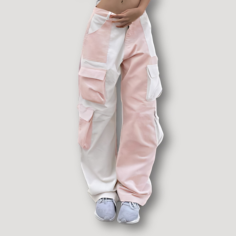 Color Blocked Straight Leg Baggy Cargo Pants Women