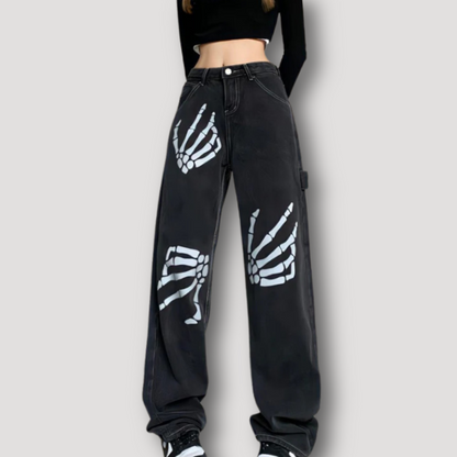 Skeleton Hand Graphic Black Wide Leg Denim Jeans