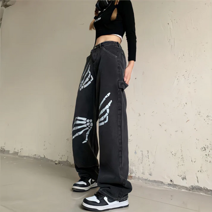 Skeleton Hand Graphic Black Wide Leg Denim Jeans