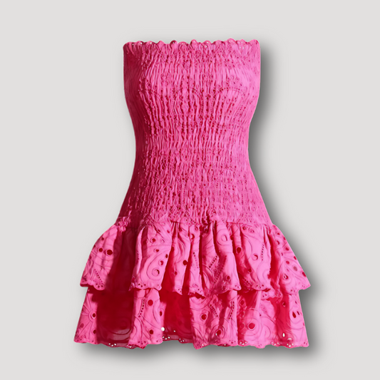 Hot Pink Smocked Eyelet Ruffled Tiered Strapless Mini Dress Australia