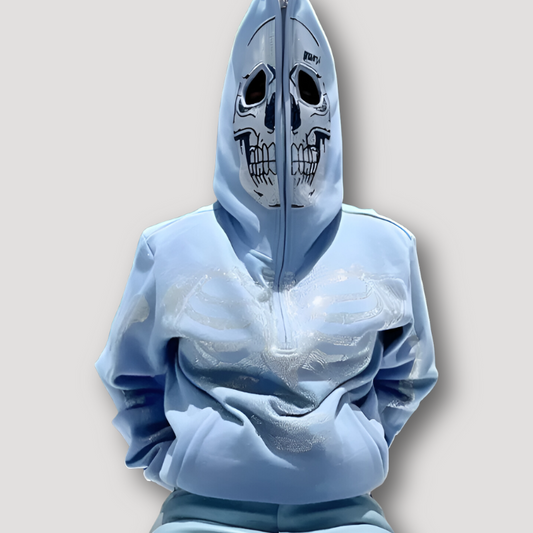 Human Skeleton Head Mask in Rhinestone Full Zip Hoodie