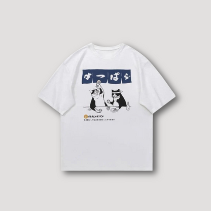 Japanese Drinking Cat Oversized Graphic Tees