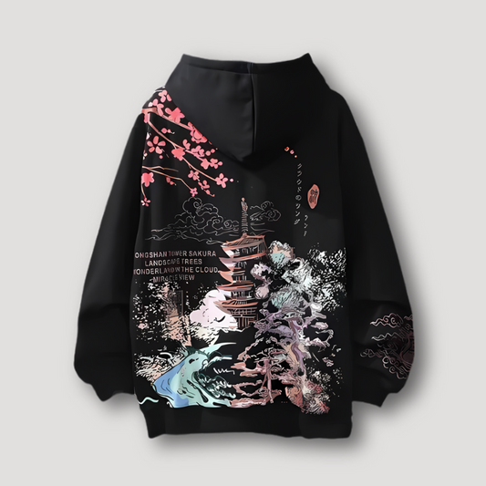 Japanese Temple Sakura Graphic Print Oversized Hoodies