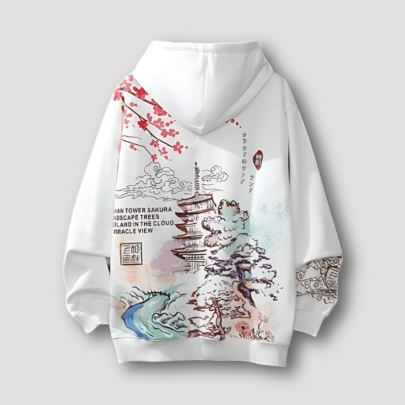 Japanese Temple Sakura Graphic Print Oversized Hoodies