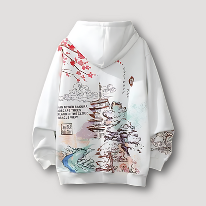 Japanese Temple Sakura Graphic Print Oversized Hoodies