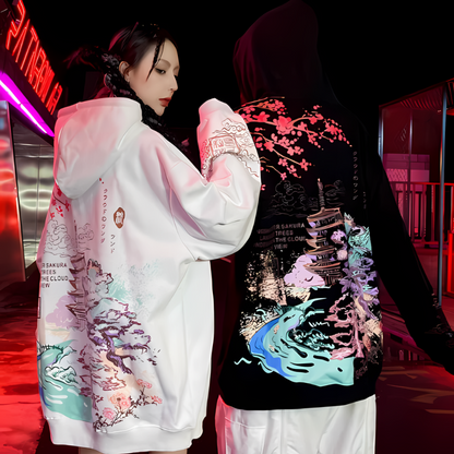 Japanese Temple Sakura Graphic Print Oversized Hoodies