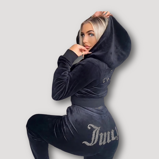 Juicy Graffiti Letters Rhinestone Zip-Up Hoodie Tracksuit Set Womens