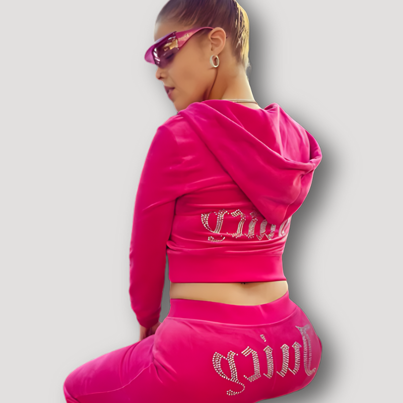 Juicy Graffiti Letters Rhinestone Zip-Up Hoodie Tracksuit Set Womens