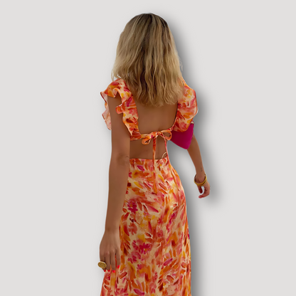 Orange Floral Sleeveless Backless Ruffle Dress Maxi