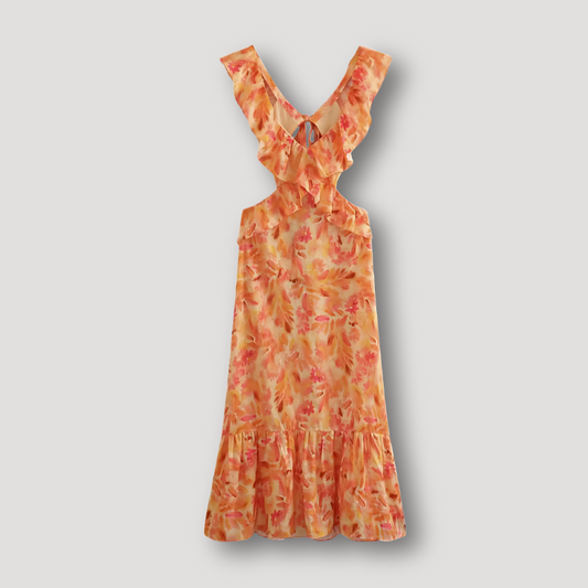 Orange Floral Sleeveless Backless Ruffle Dress Maxi