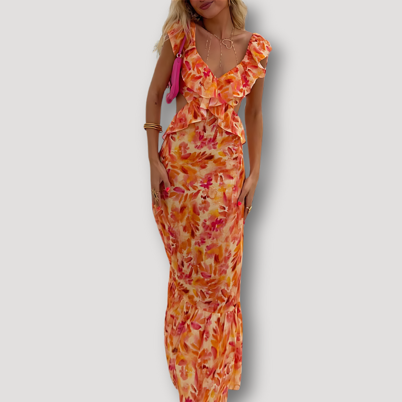 Orange Floral Sleeveless Backless Ruffle Dress Maxi