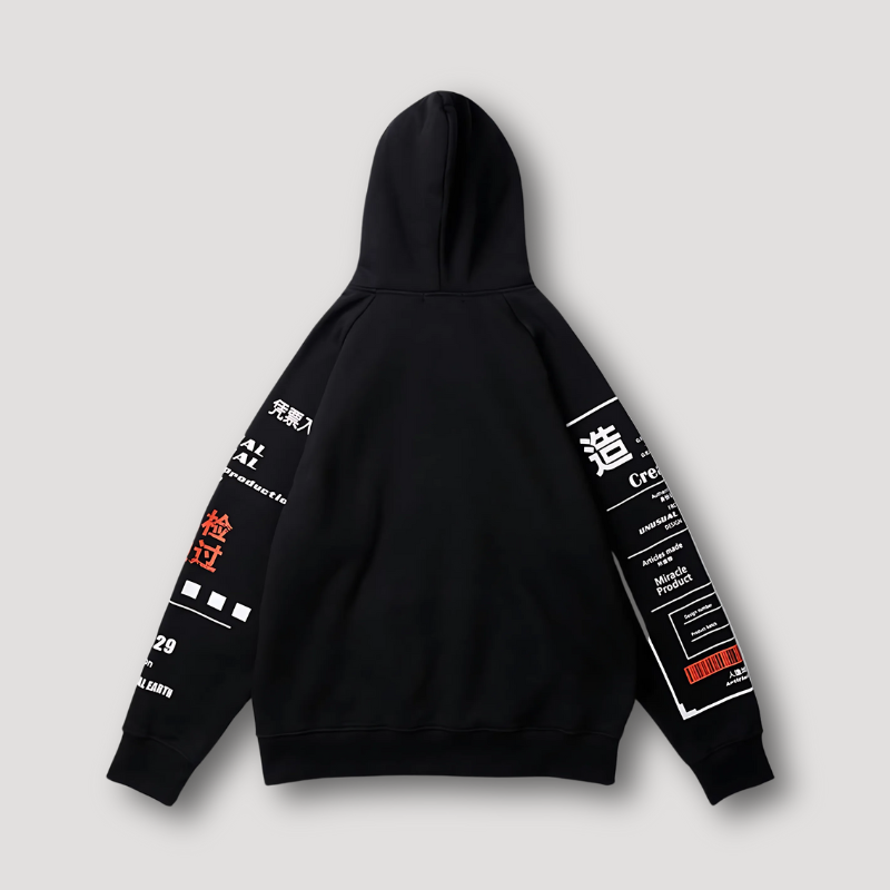 Futuristic Technical Japanese Graphic Print Oversized Hoodie