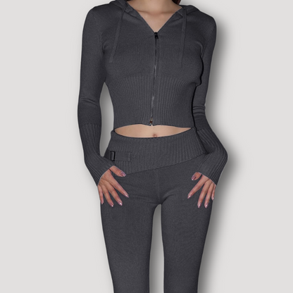 Long Sleeve Crop Top Sweater Hoodie High Waisted Pants Tracksuit Set