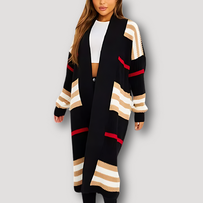 Open-front Long Striped Knitted Cardigan Sweater