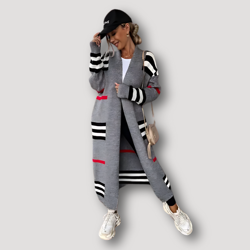 Open-front Long Striped Knitted Cardigan Sweater