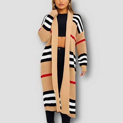 Open-front Long Striped Knitted Cardigan Sweater