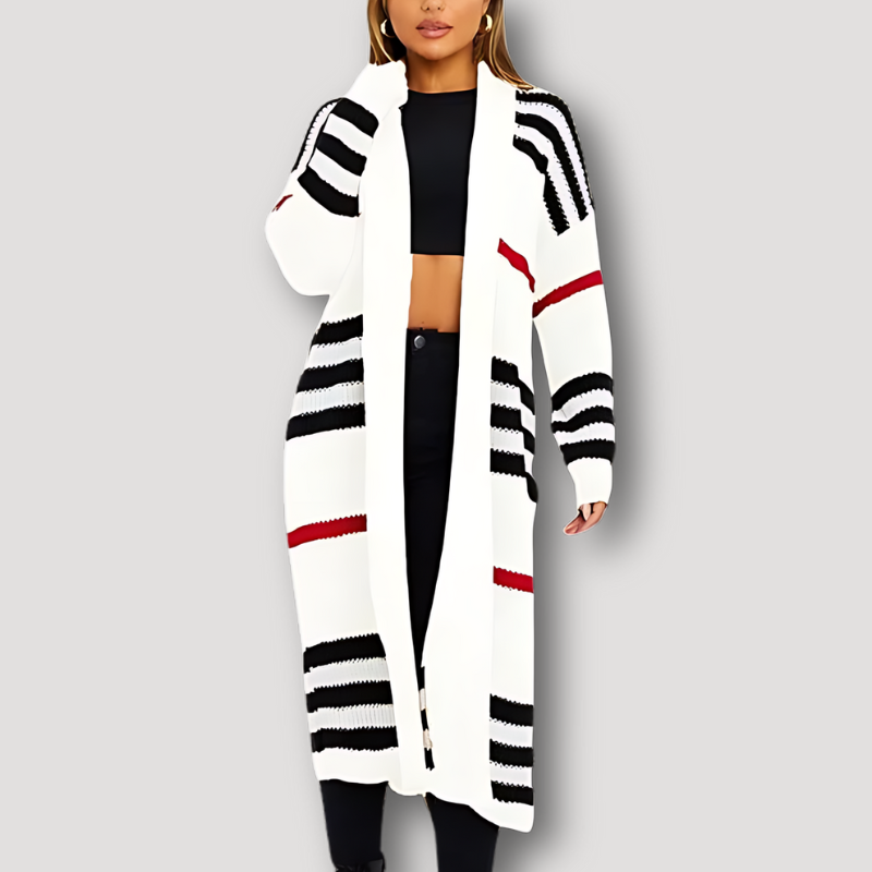 Open-front Long Striped Knitted Cardigan Sweater