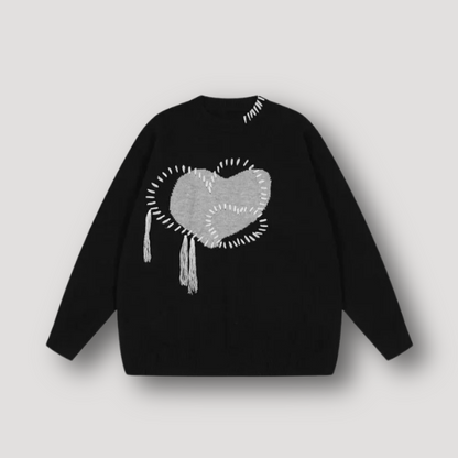 Heart Tassel Embroidery Knitted Pullover Black Sweater