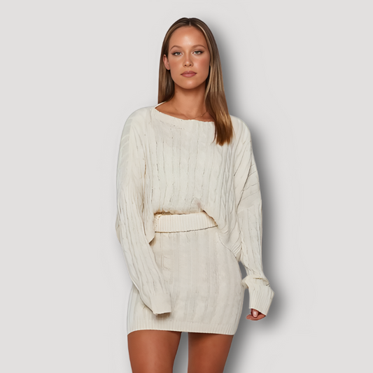 Long Sleeve Knitted Sweater Slim Fitted Mini Skirt Summer Outfits