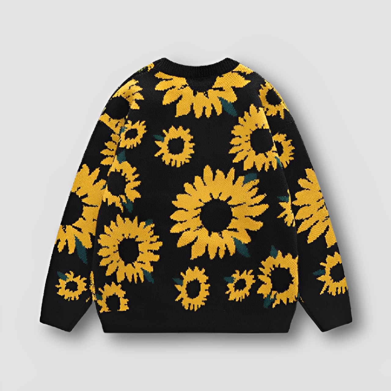 Ribbed Knitted Sunflower Embroidery Sweater Crew Neck