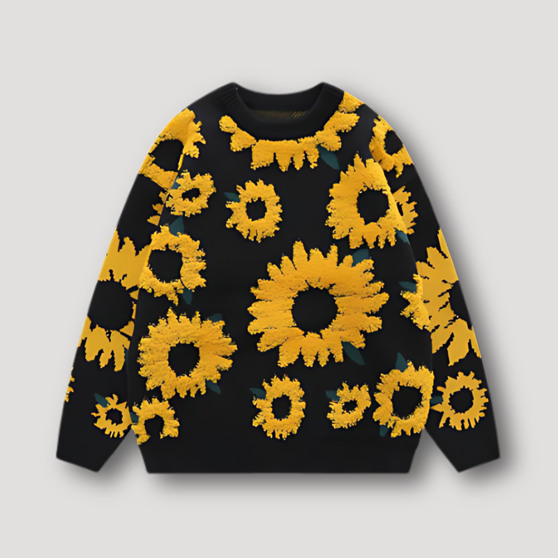 Ribbed Knitted Sunflower Embroidery Sweater Crew Neck