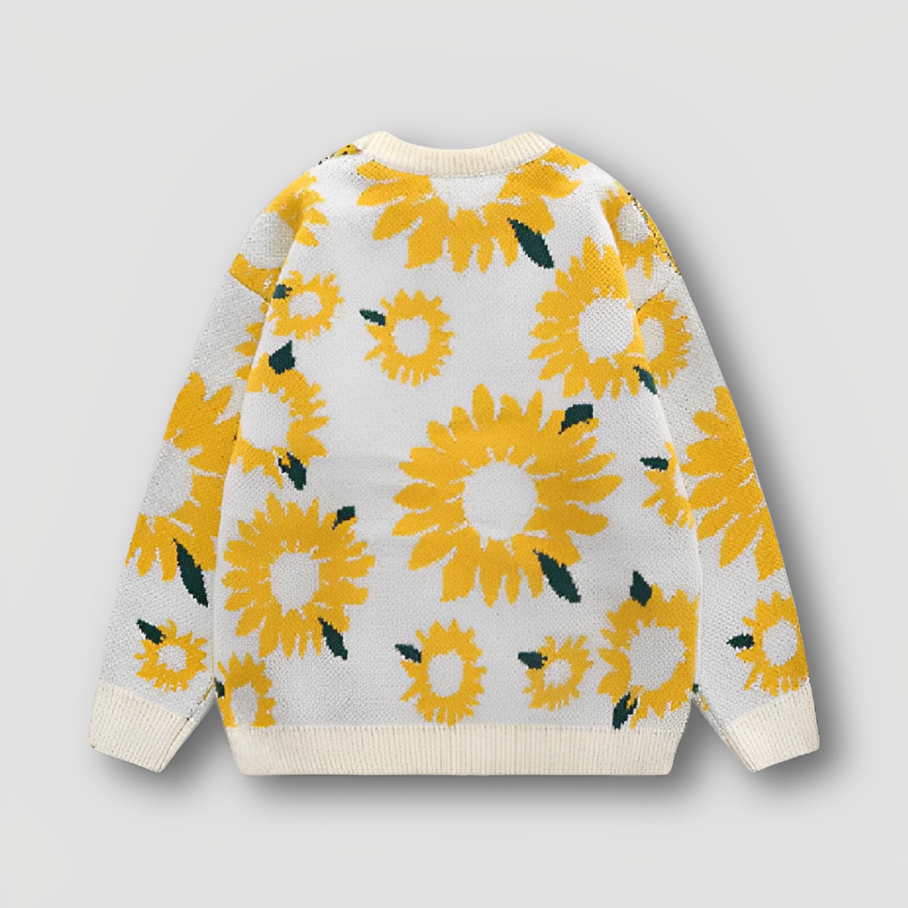 Ribbed Knitted Sunflower Embroidery Sweater Crew Neck