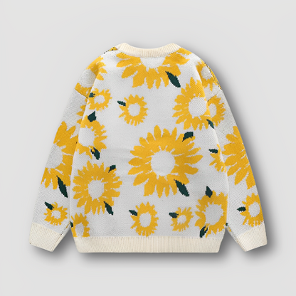 Ribbed Knitted Sunflower Embroidery Sweater Crew Neck