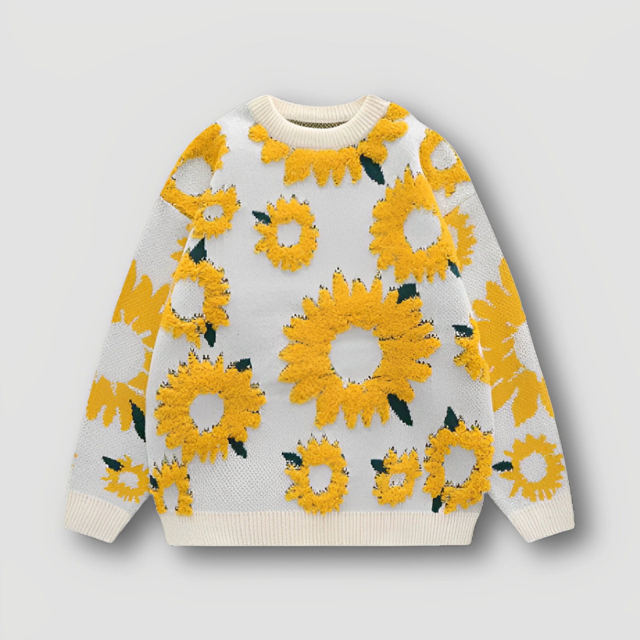 Ribbed Knitted Sunflower Embroidery Sweater Crew Neck