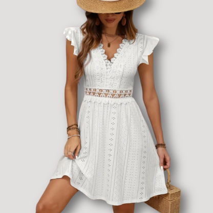 Ruffle Sleeveless Lace Eyelet V-Neck Summer Mini Dress Floral