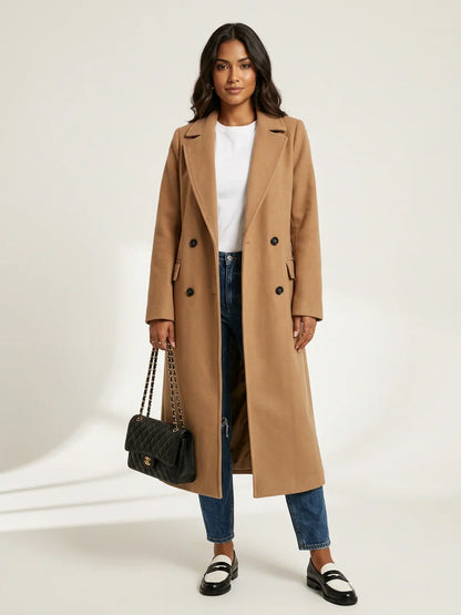 Women Long Double Breasted Coat – Belted Winter Coat – Classic Lapel Elegant Fit
