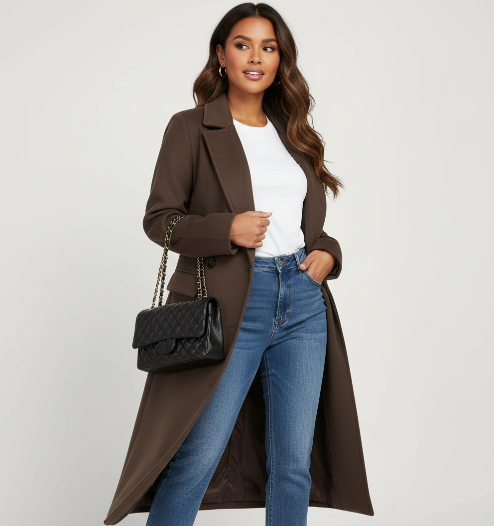 Women Long Double Breasted Coat – Belted Winter Coat – Classic Lapel Elegant Fit