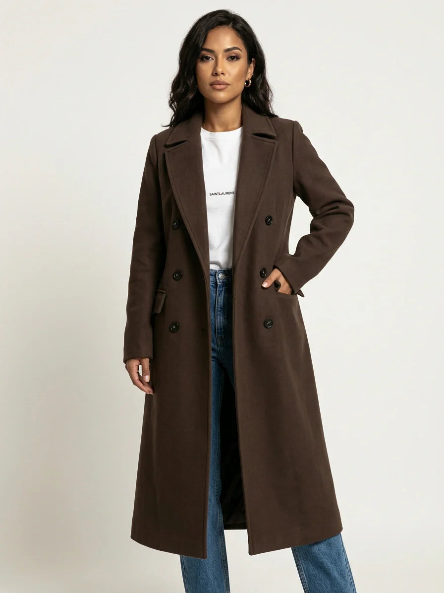 Women Long Double Breasted Coat – Belted Winter Coat – Classic Lapel Elegant Fit