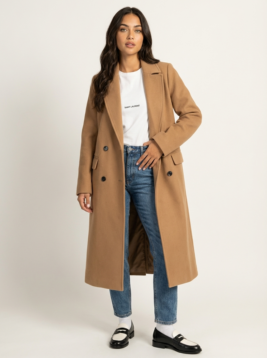 Women Long Double Breasted Coat – Belted Winter Coat – Classic Lapel Elegant Fit