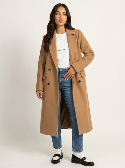 Women Long Double Breasted Coat – Belted Winter Coat – Classic Lapel Elegant Fit