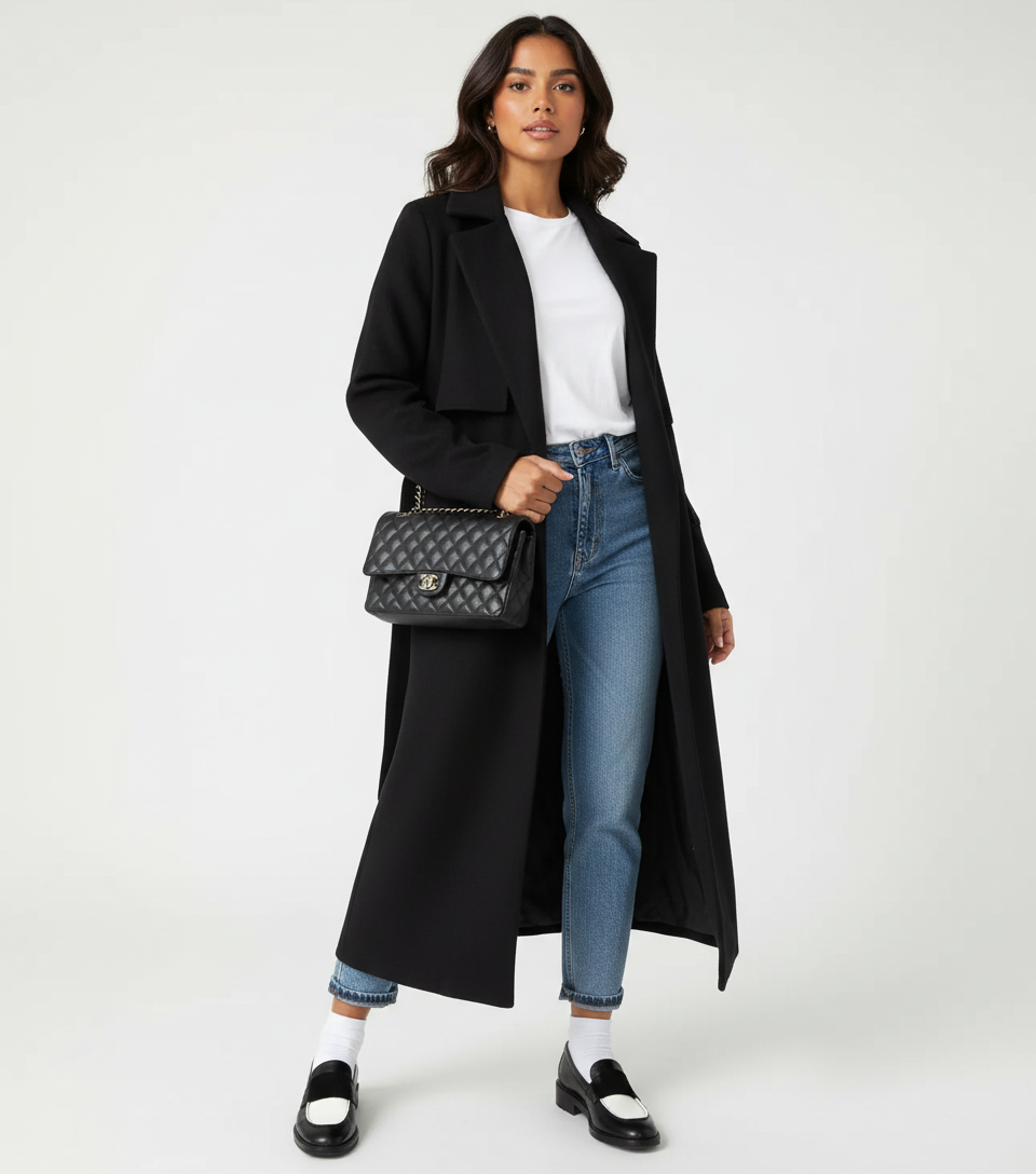 Women Long Double Breasted Coat – Belted Winter Coat – Classic Lapel Elegant Fit