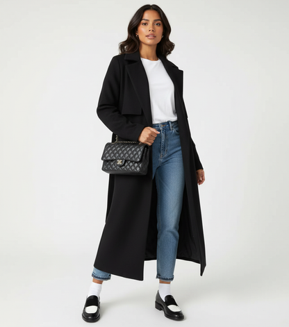 Women Long Double Breasted Coat – Belted Winter Coat – Classic Lapel Elegant Fit