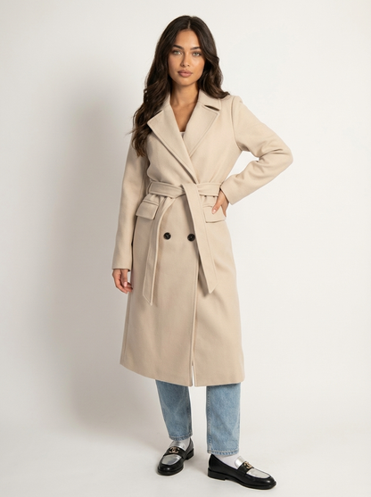 Women Long Double Breasted Coat – Belted Winter Coat – Classic Lapel Elegant Fit