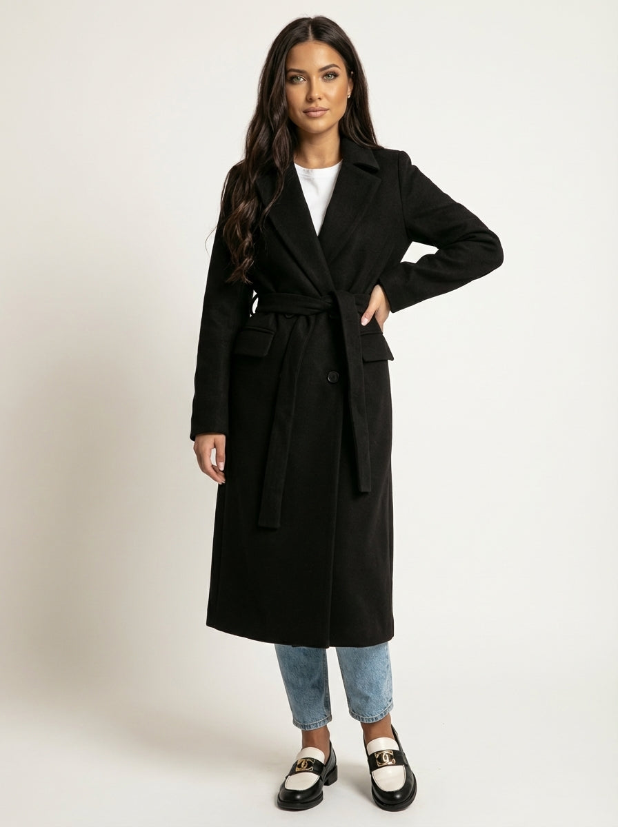 Women Long Double Breasted Coat – Belted Winter Coat – Classic Lapel Elegant Fit
