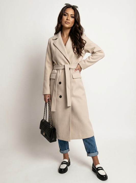 Women Long Double Breasted Coat – Belted Winter Coat – Classic Lapel Elegant Fit