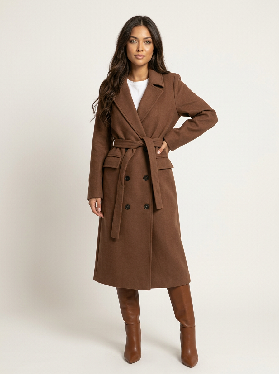 Women Long Double Breasted Coat – Belted Winter Coat – Classic Lapel Elegant Fit