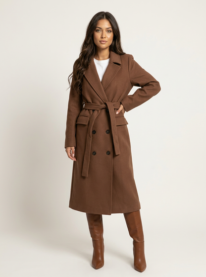Women Long Double Breasted Coat – Belted Winter Coat – Classic Lapel Elegant Fit
