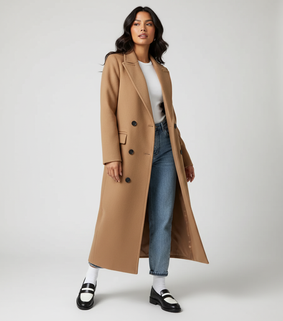 Women Long Double Breasted Coat – Belted Winter Coat – Classic Lapel Elegant Fit