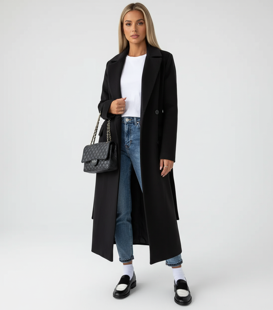 Women Long Double Breasted Coat – Belted Winter Coat – Classic Lapel Elegant Fit