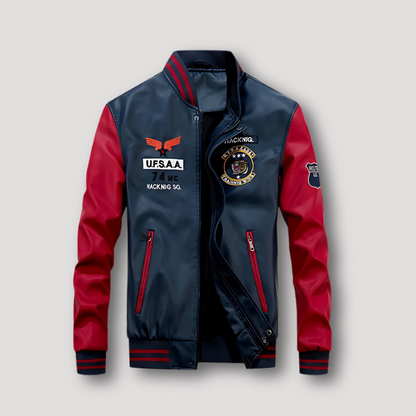 Retro UFSAA Embroidered Pu Leather Varsity Jacket Man