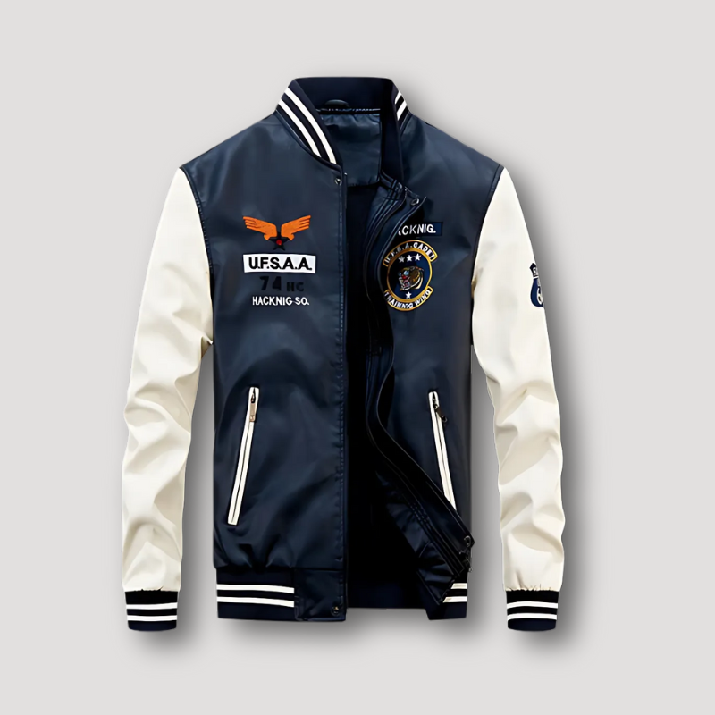 Retro UFSAA Embroidered Pu Leather Varsity Jacket Man