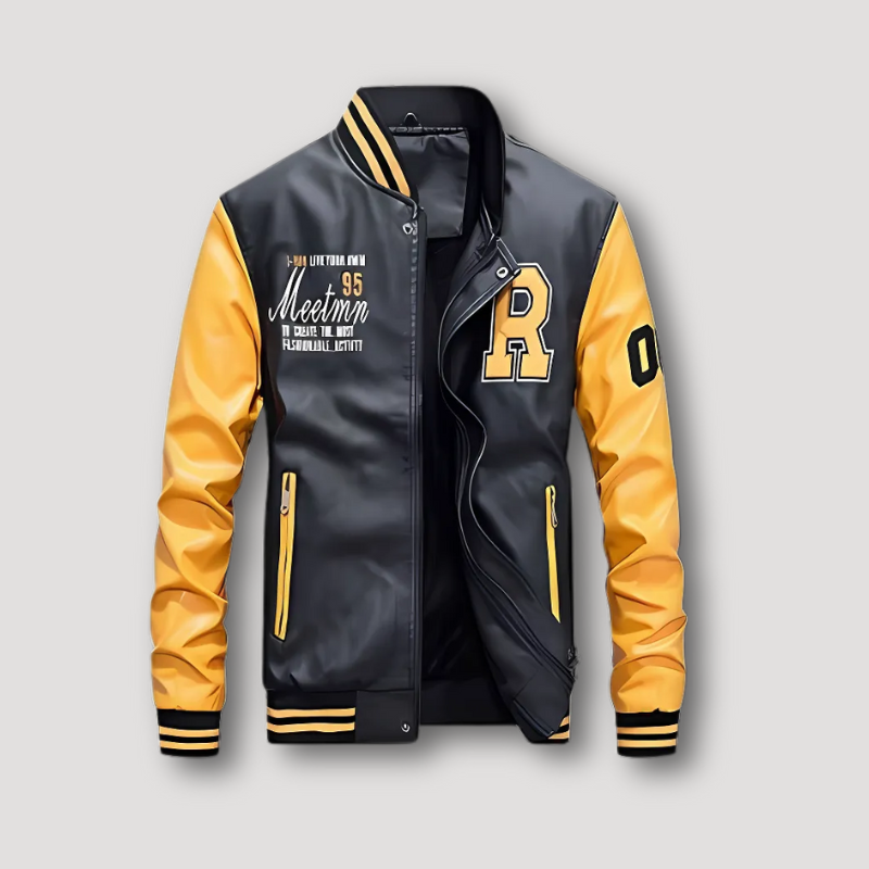 Retro UFSAA Embroidered Pu Leather Varsity Jacket Man