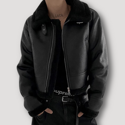 Fur Collar Zip Up Leather Jacket Men