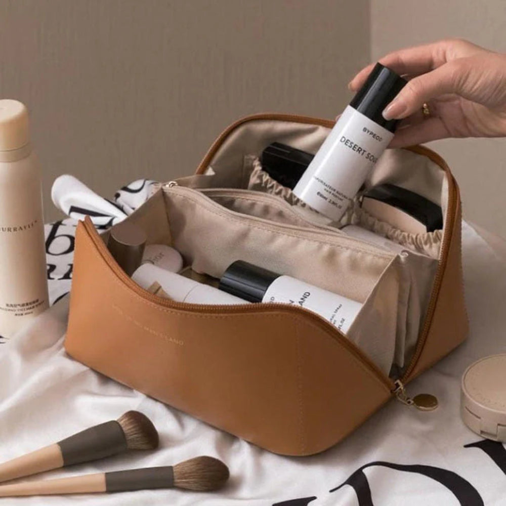 Leather Cosmetic Bag - Large Capacity - Waterproof - PU Leather Material