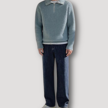 Rib Knit Quarter Zip Light Blue Knitted Sweater